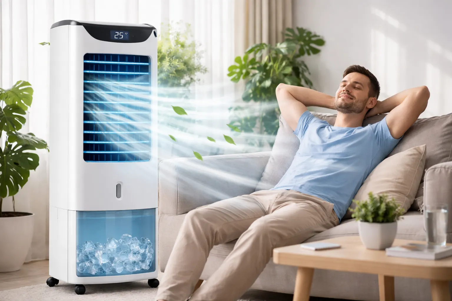 Relaxe com frescor e tranquilidade: homem descansando no sofá enquanto climatizador refresca a sala